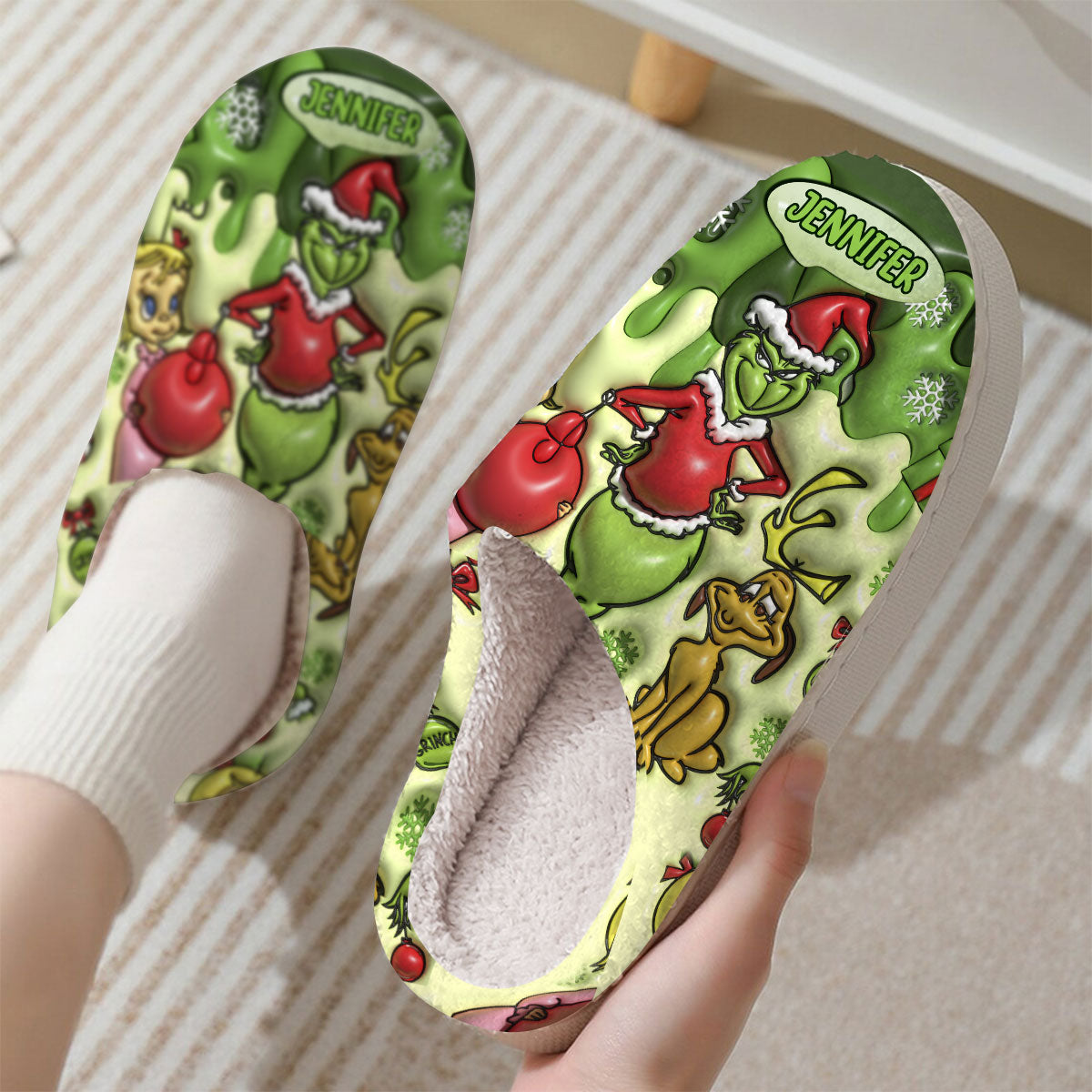 Personalized Christmas Slippers with Grinch Design for Adults | Cozy Holiday Gift