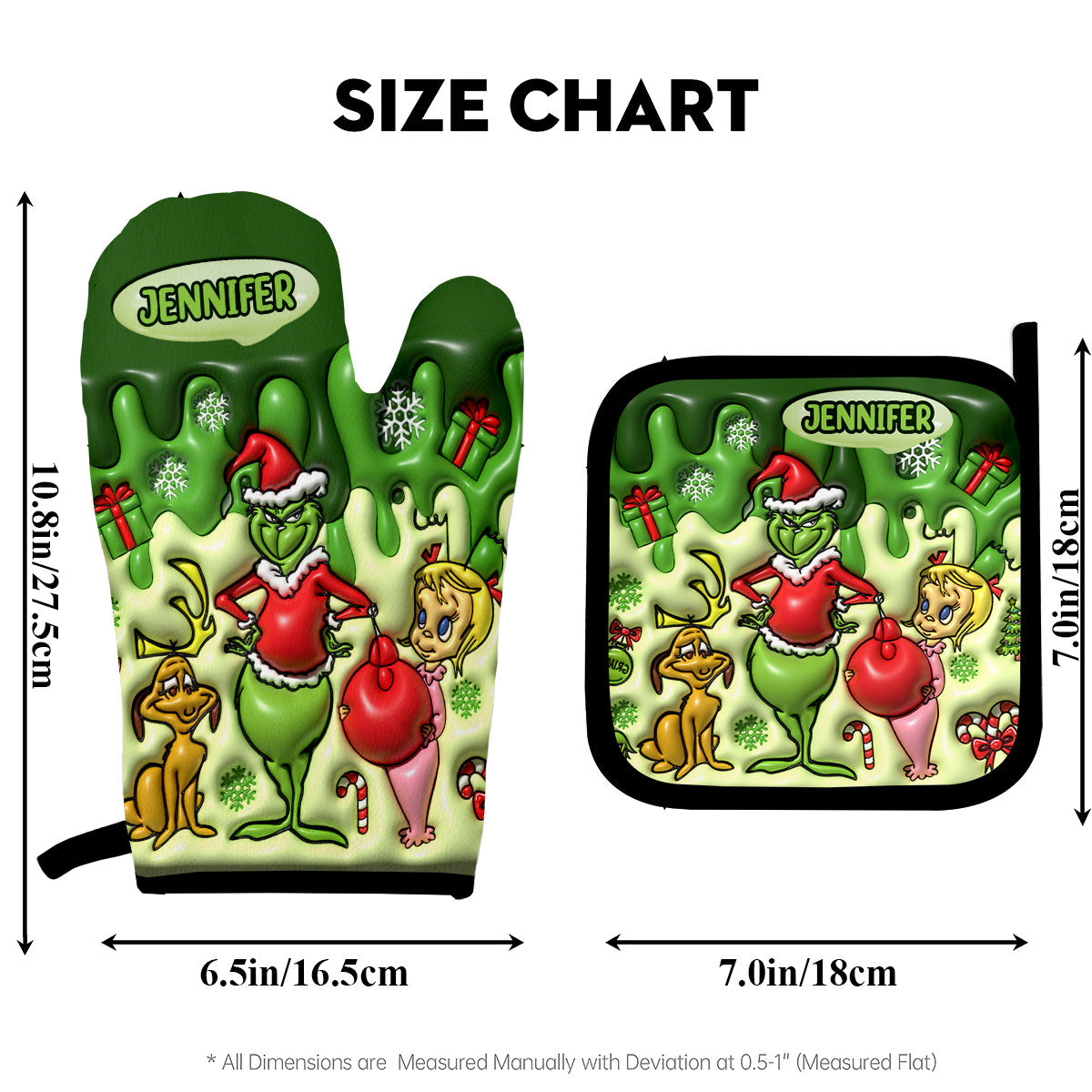 Personalized Grinch Christmas Oven Mitts & Pot Holder Set Gift for Family