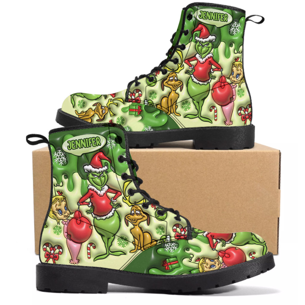 Personalized Grinch Leather Boots Custom Name Holiday Gift