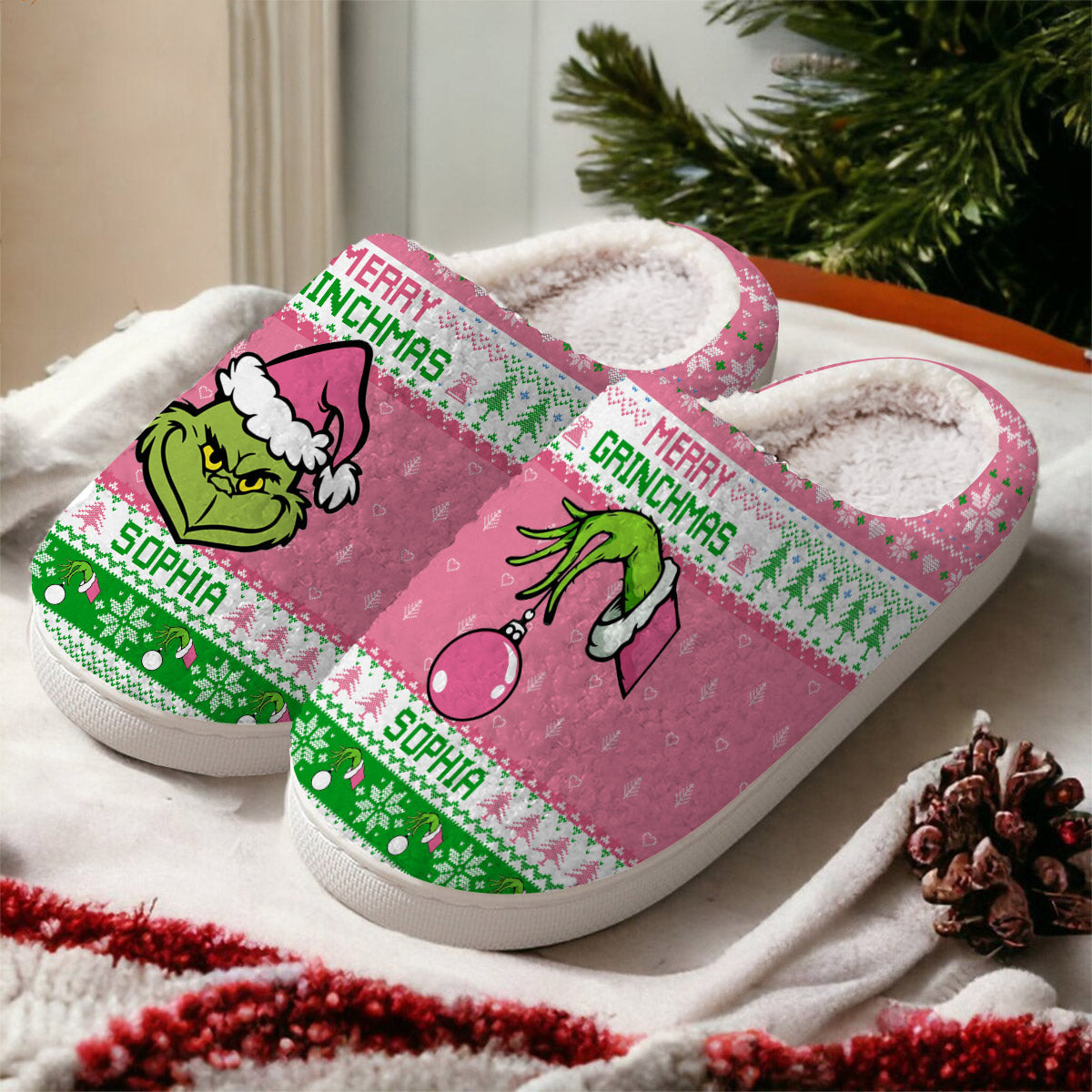 Personalized Merry Grinchmas Slippers Custom Name Holiday Gift