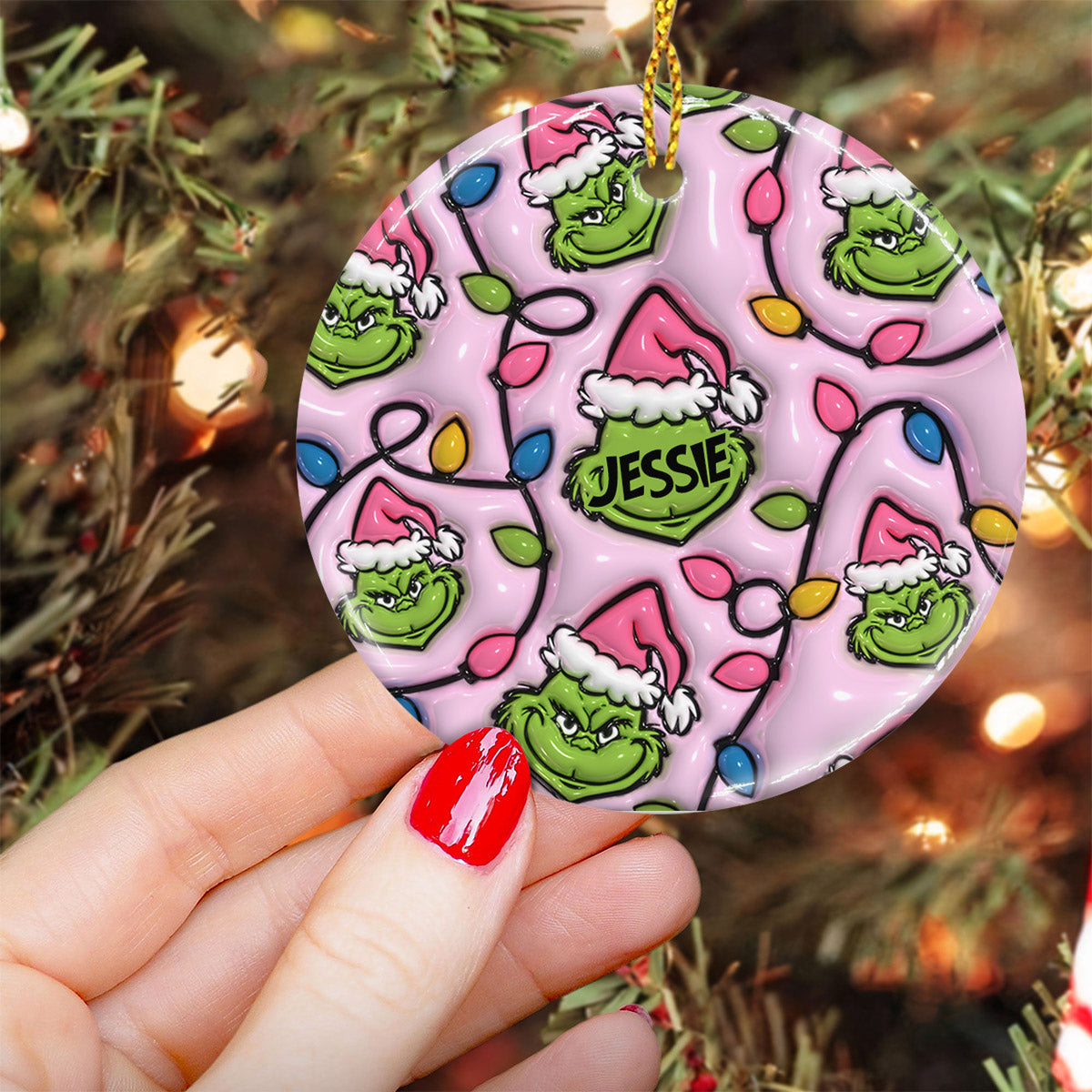 Personalized Grinch Christmas Ceramic Circle Ornament for Kids