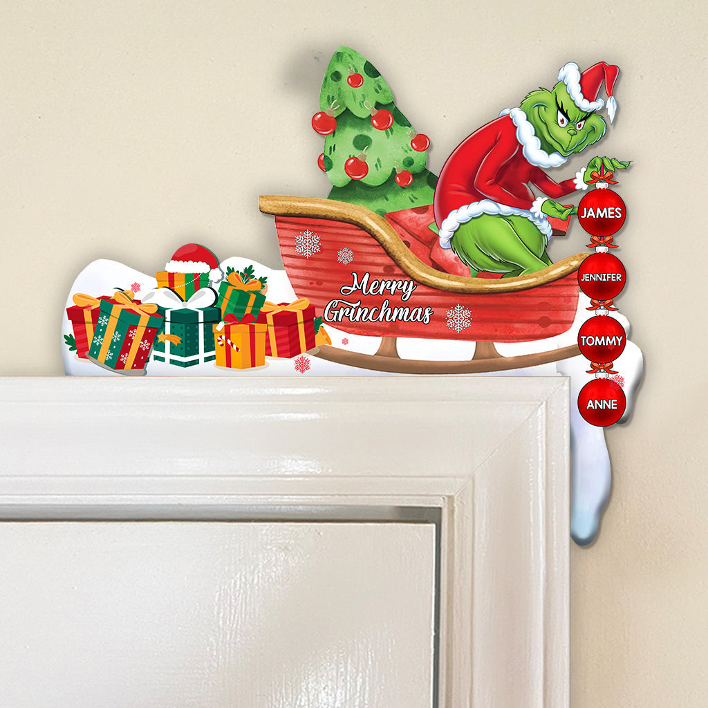 Personalized Grinch Door Frame Decoration with Custom Names for Christmas