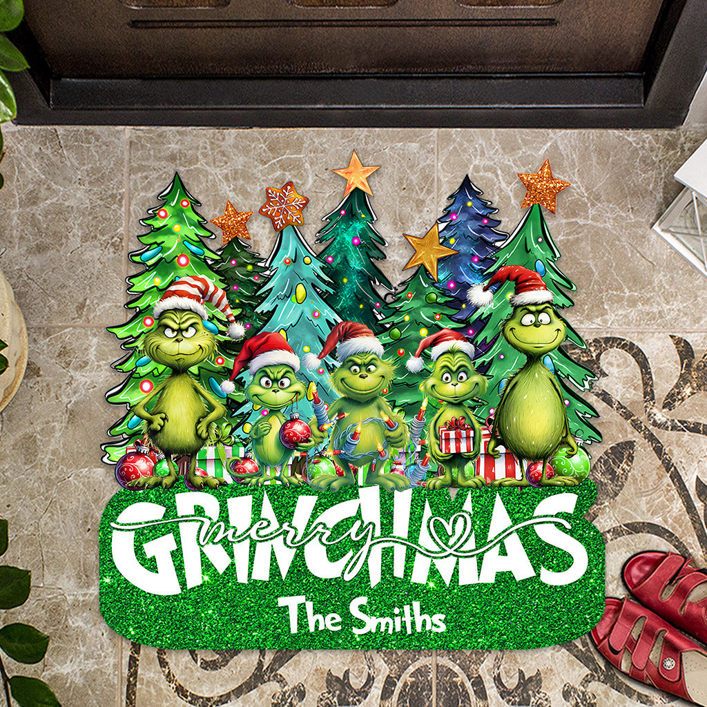 Personalized Merry Grinchmas Shaped Doormat Custom Family Name Holiday Decor