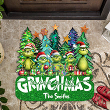 Load image into Gallery viewer, Personalized Merry Grinchmas Shaped Doormat Custom Family Name Holiday Decor
