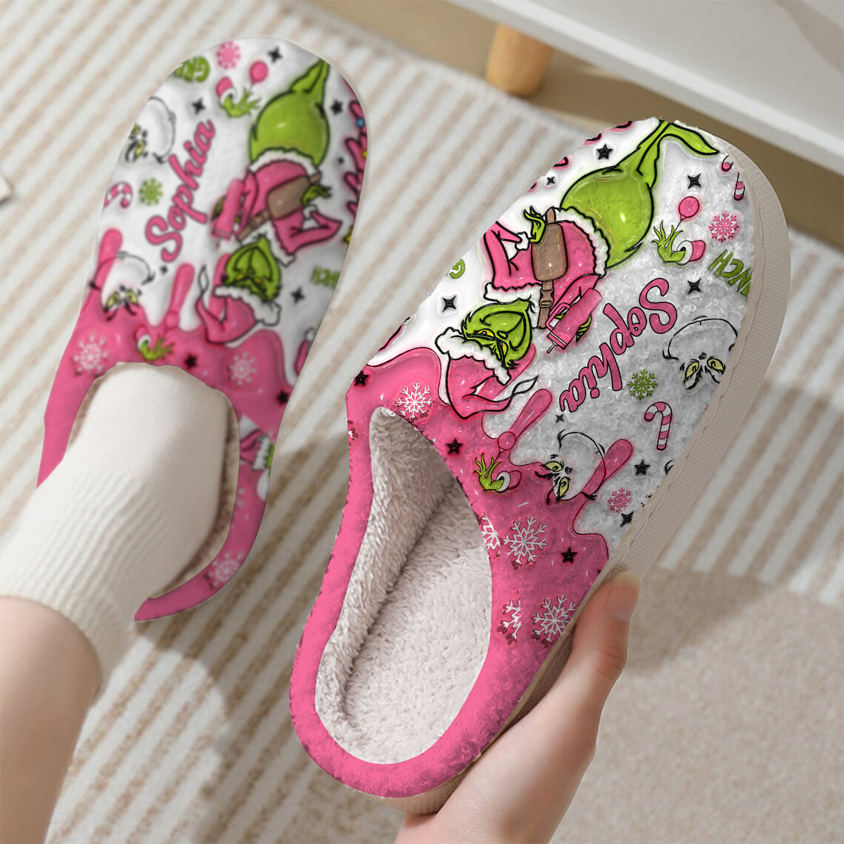 Personalized Grinchmas Slippers with Custom Name for Christmas Gift