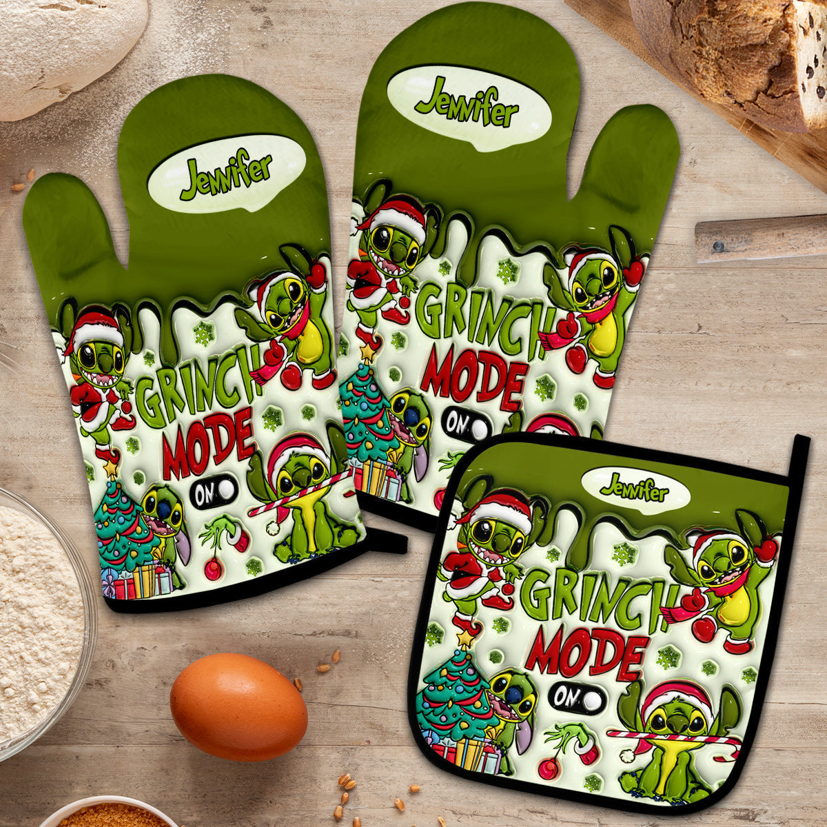 Personalized Grinch Mode Oven Mitts & Pot Holder Set for Christmas