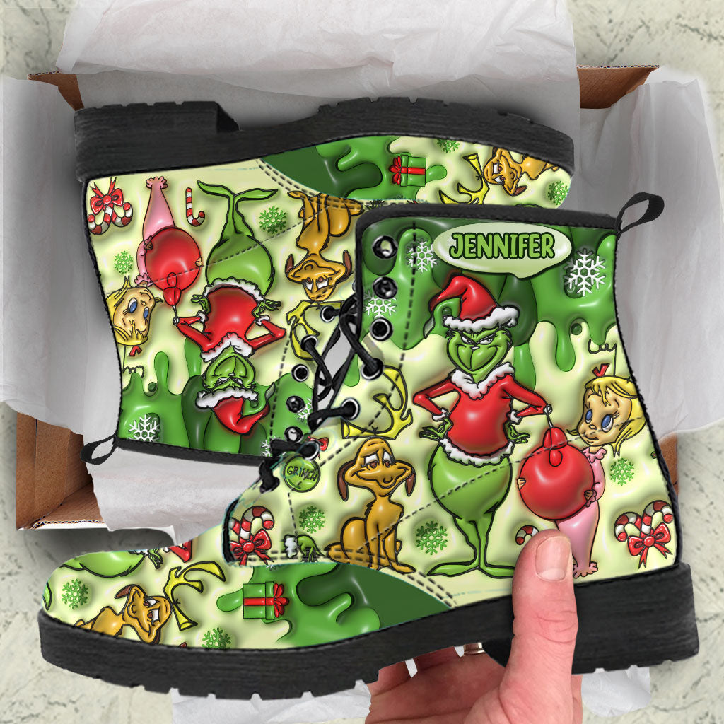 Personalized Grinch Leather Boots Custom Name Holiday Gift
