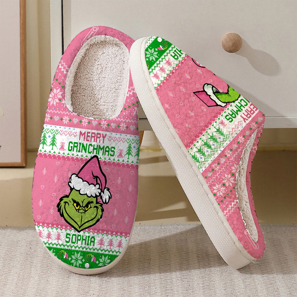 Personalized Merry Grinchmas Slippers Custom Name Holiday Gift