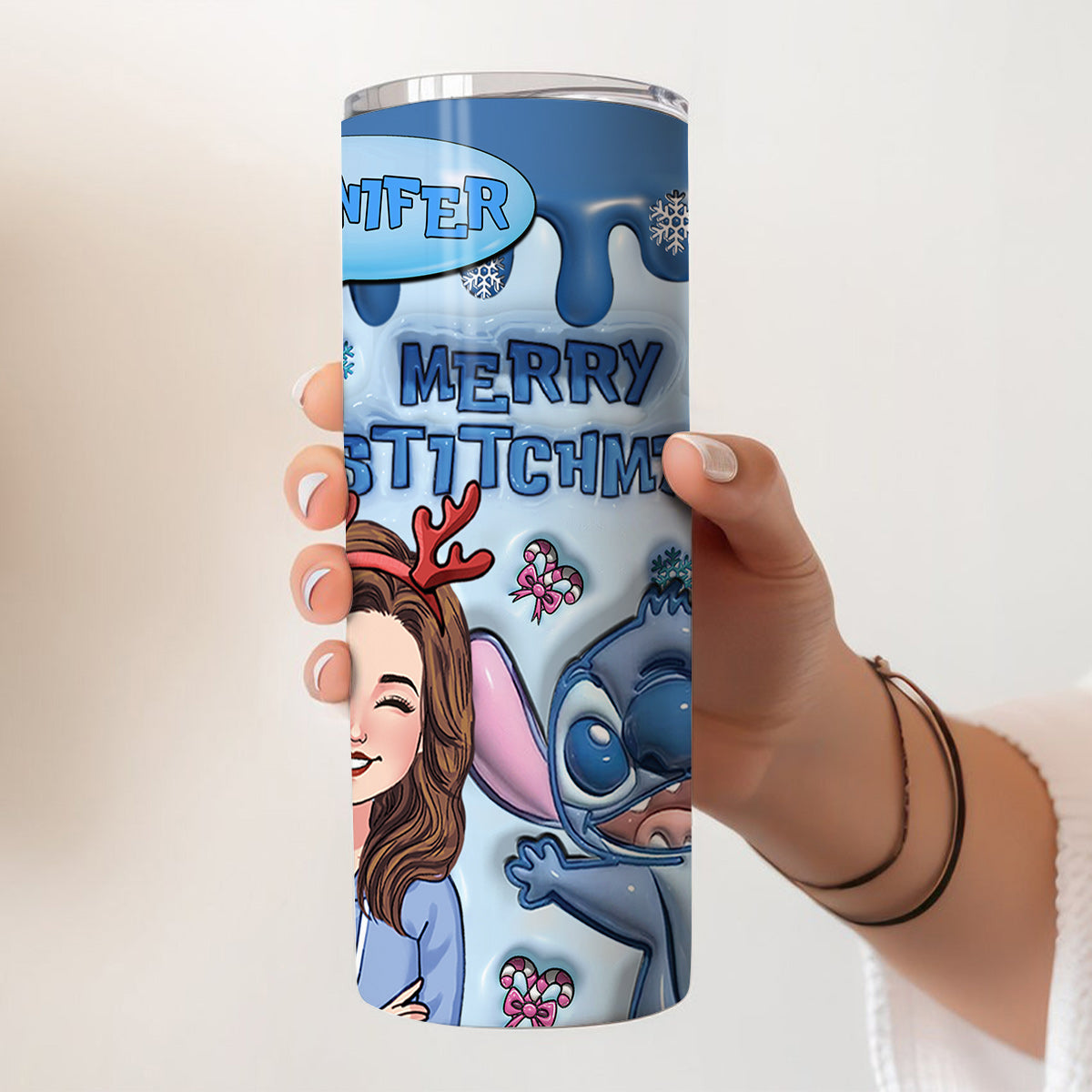Personalized Merry Stitchmas Skinny Tumbler Custom Gift for Christmas