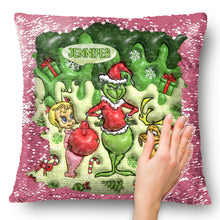 Load image into Gallery viewer, Personalized Sequin Pillow Cover with Grinch Design for Christmas Gift
