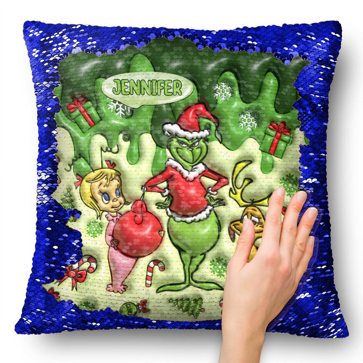 Personalized Sequin Pillow Cover with Grinch Design for Christmas Gift