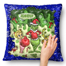 Load image into Gallery viewer, Personalized Sequin Pillow Cover with Grinch Design for Christmas Gift
