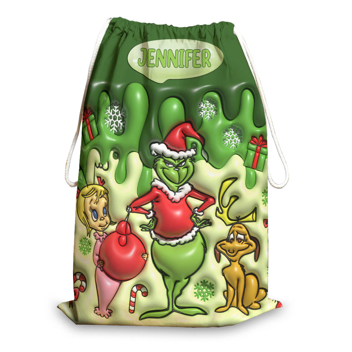 Personalized Grinch Drawstring Tote Bag for Christmas Gifts