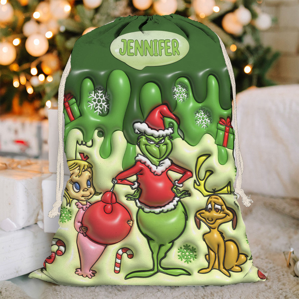 Personalized Grinch Drawstring Tote Bag for Christmas Gifts