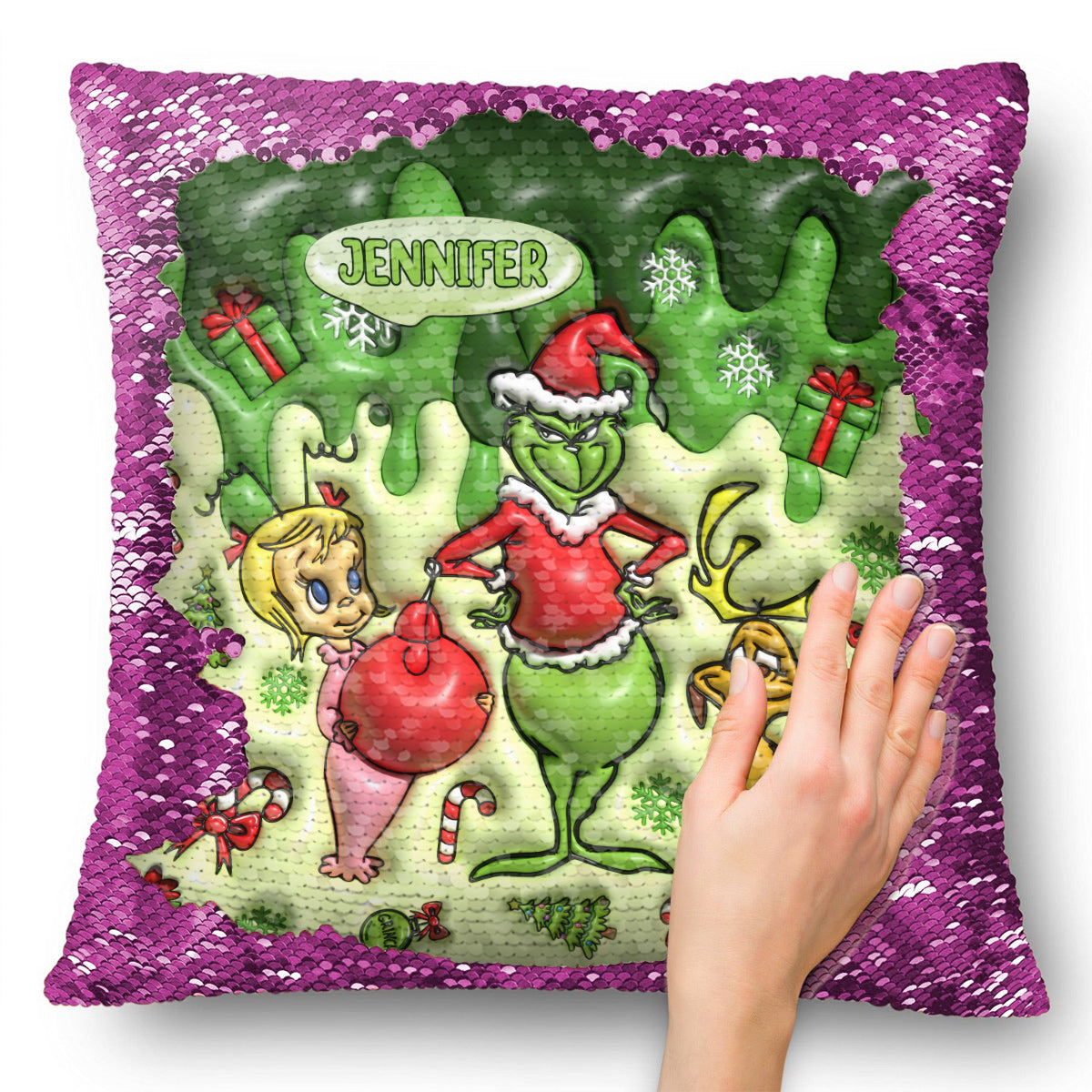 Personalized Sequin Pillow Cover with Grinch Design for Christmas Gift
