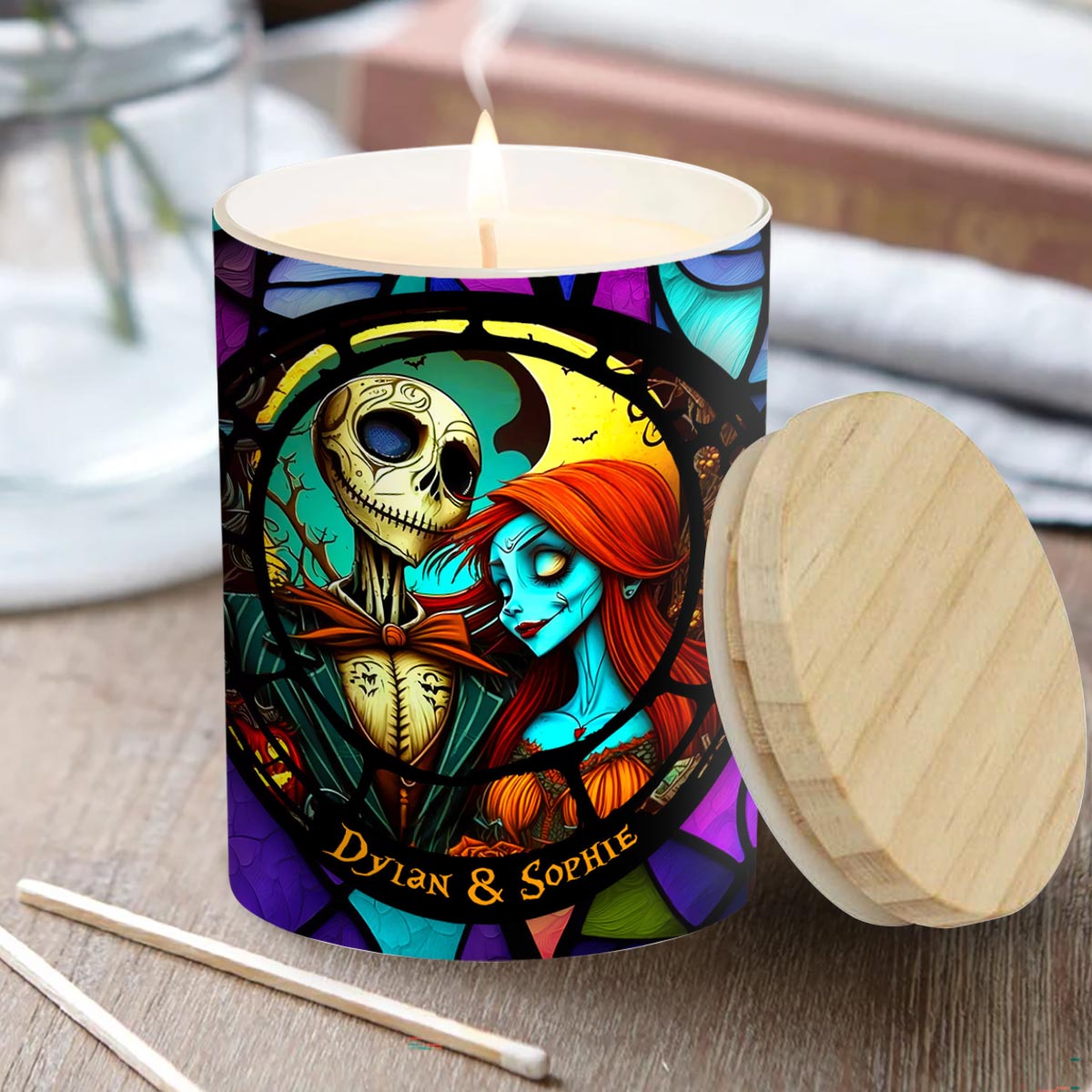 Personalized Nightmare Candle with Custom Names Wooden Lid Gift for Couples