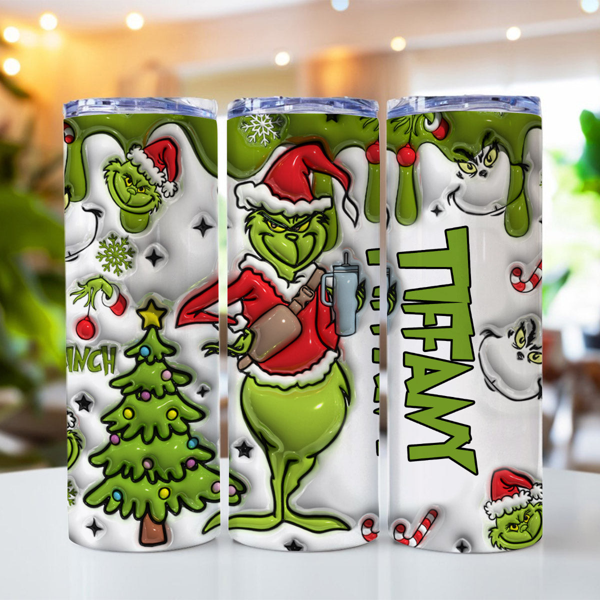 Personalized Grinch Christmas Skinny Tumbler Custom Name Gift