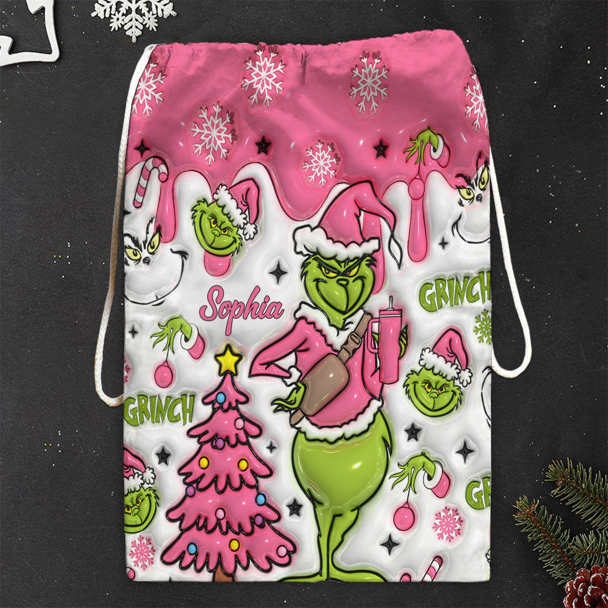Personalized Grinch Drawstring Tote Bag Custom Name Christmas Gift