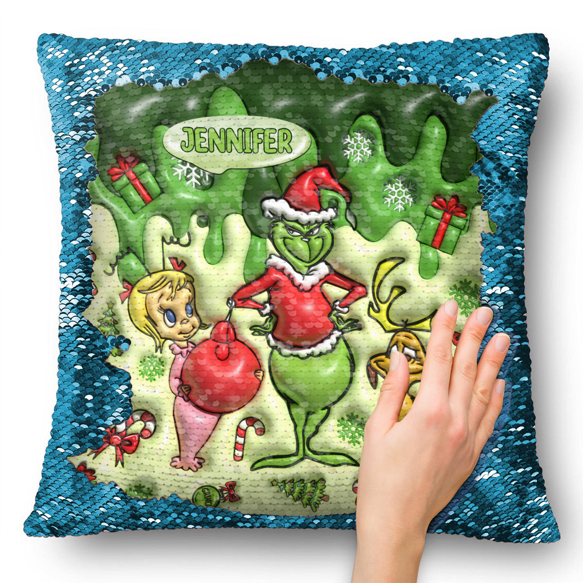 Personalized Sequin Pillow Cover with Grinch Design for Christmas Gift