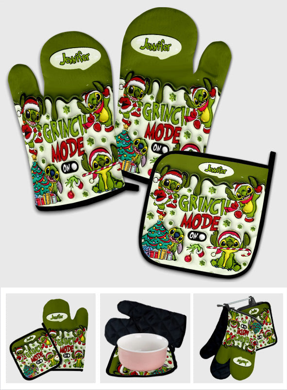 Personalized Grinch Mode Oven Mitts & Pot Holder Set for Christmas