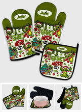 Load image into Gallery viewer, Personalized Grinch Mode Oven Mitts &amp; Pot Holder Set for Christmas
