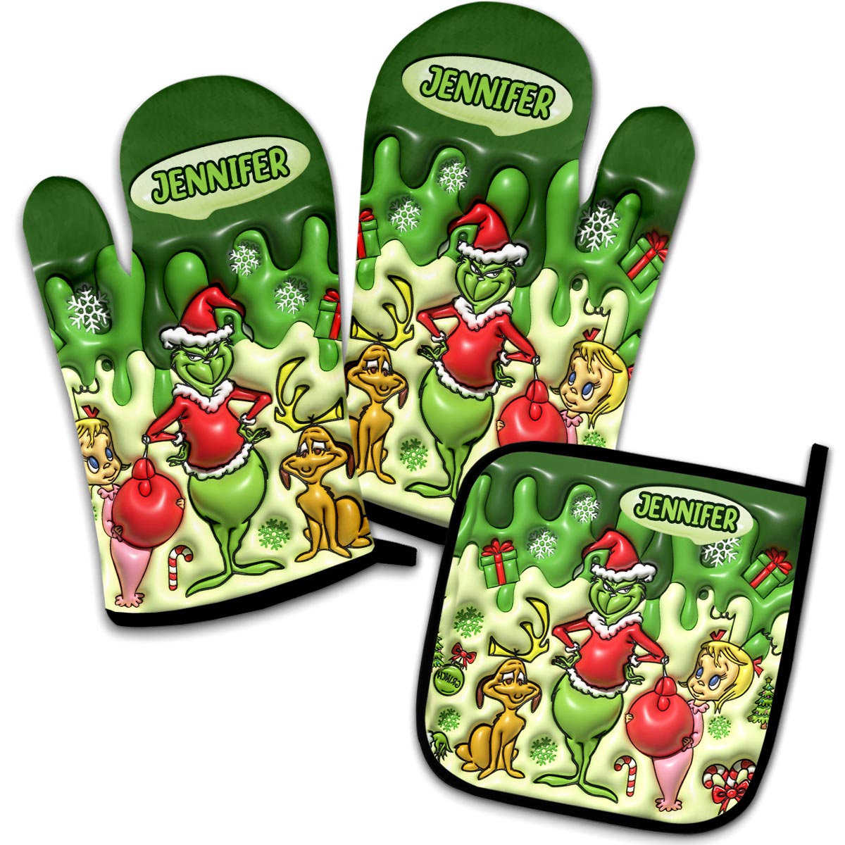 Personalized Grinch Christmas Oven Mitts & Pot Holder Set Gift for Family