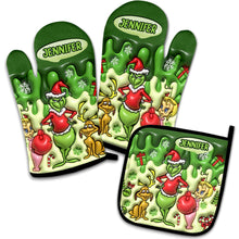 Load image into Gallery viewer, Personalized Grinch Christmas Oven Mitts &amp; Pot Holder Set Gift for Family
