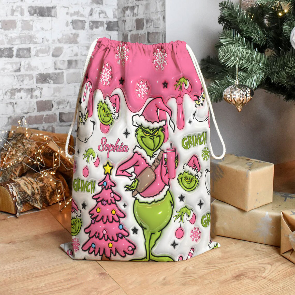 Personalized Grinch Drawstring Tote Bag Custom Name Christmas Gift
