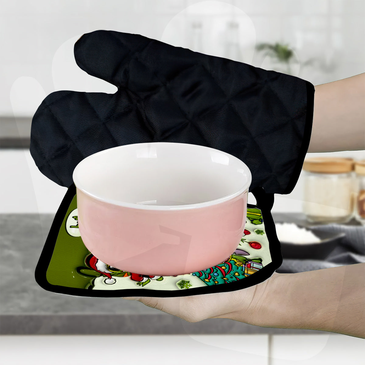 Personalized Grinch Mode Oven Mitts & Pot Holder Set for Christmas