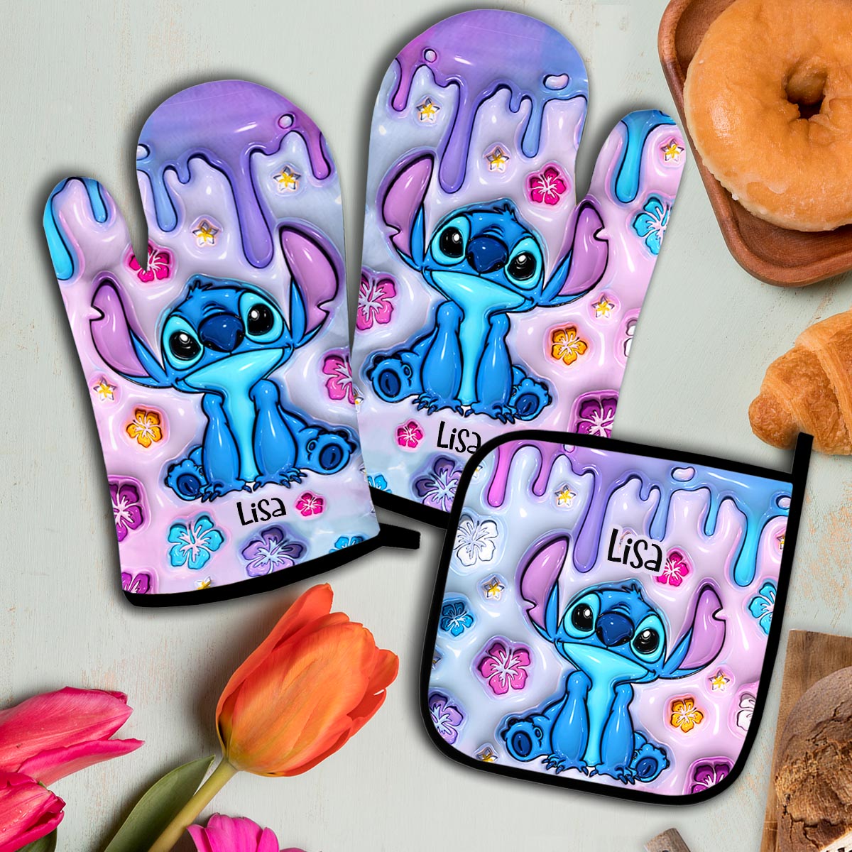 Personalized Ohana Oven Mitts & Pot Holder Set Custom Name Gift for Home