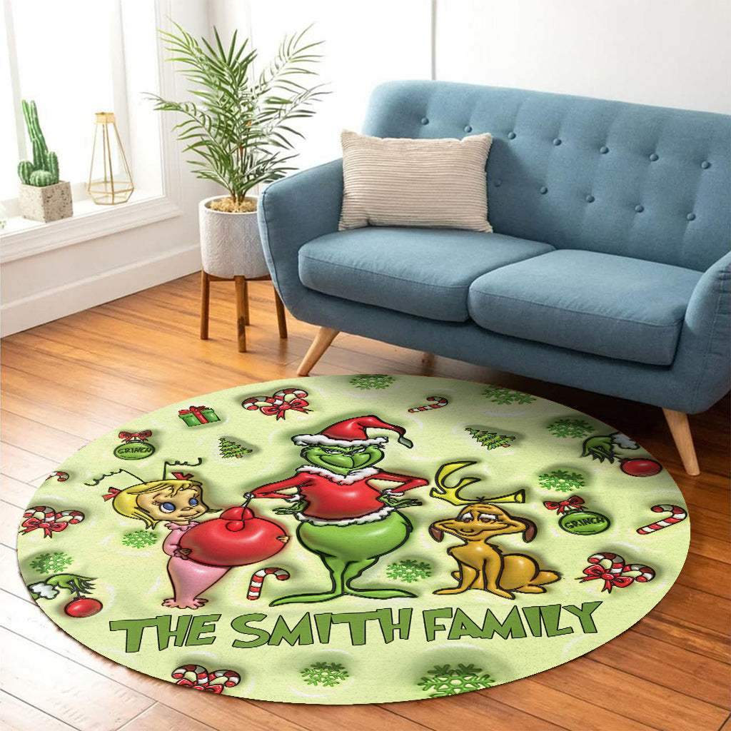 Personalized Grinch Christmas Round Rug Custom Family Name