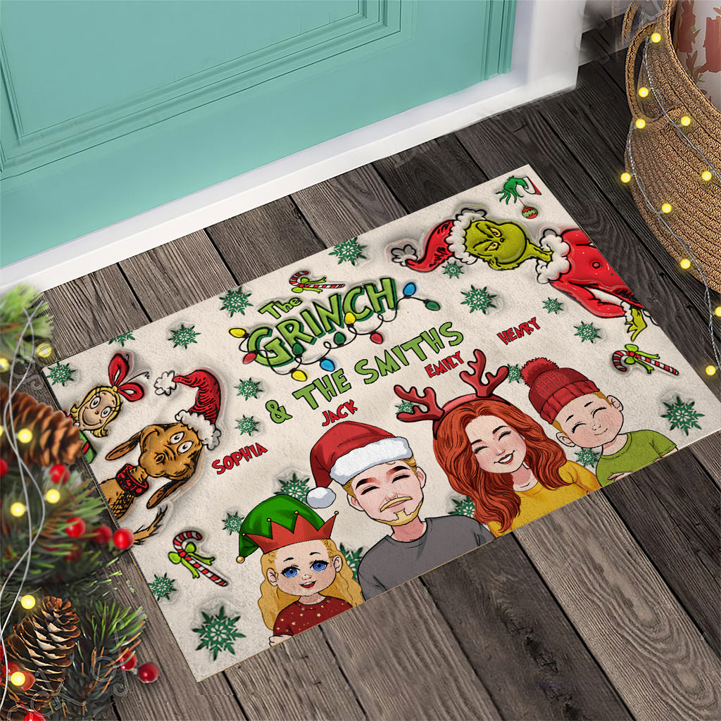 Personalized Grinch Family Doormat Custom Holiday Decor