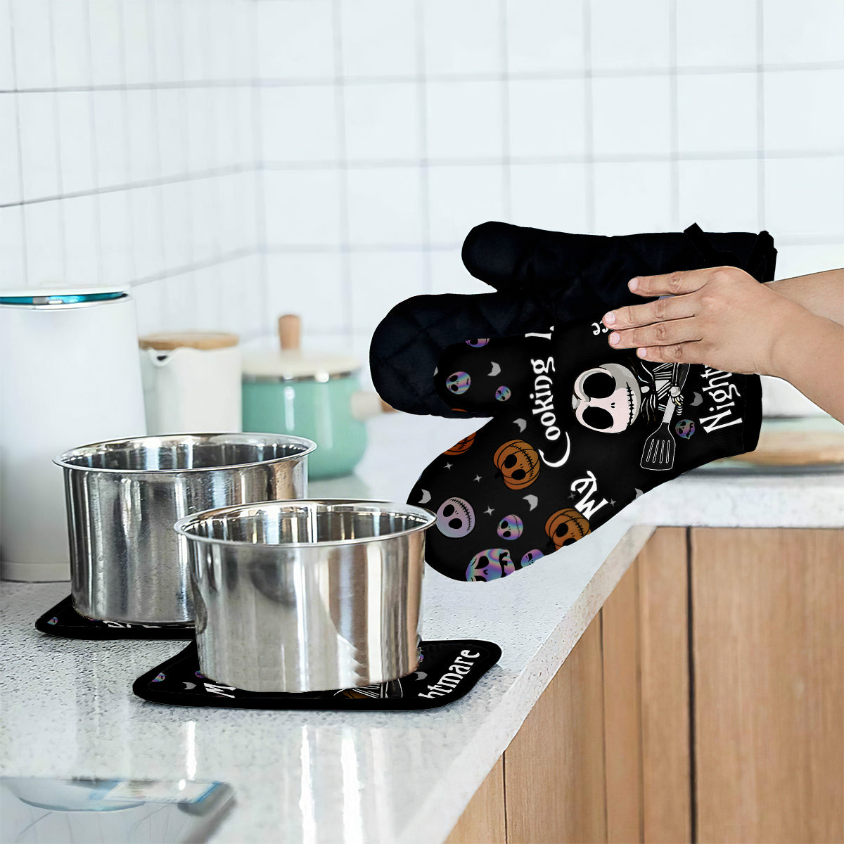Personalized Nightmare Oven Mitt and Pot Holder Set Gift for Cooking Enthusiasts