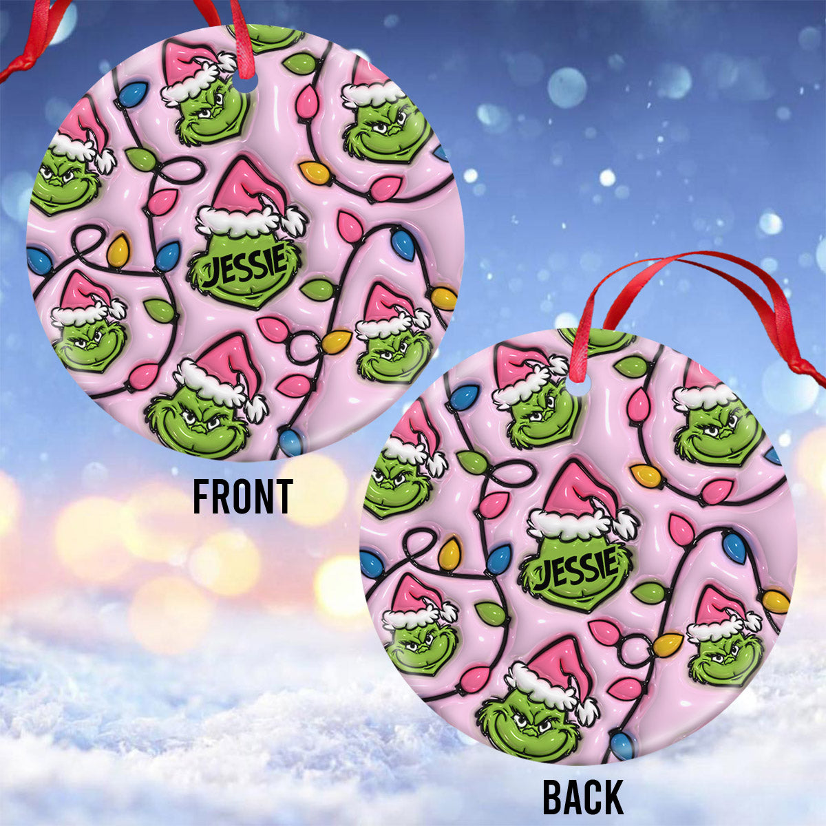 Personalized Grinch Christmas Ceramic Circle Ornament for Kids