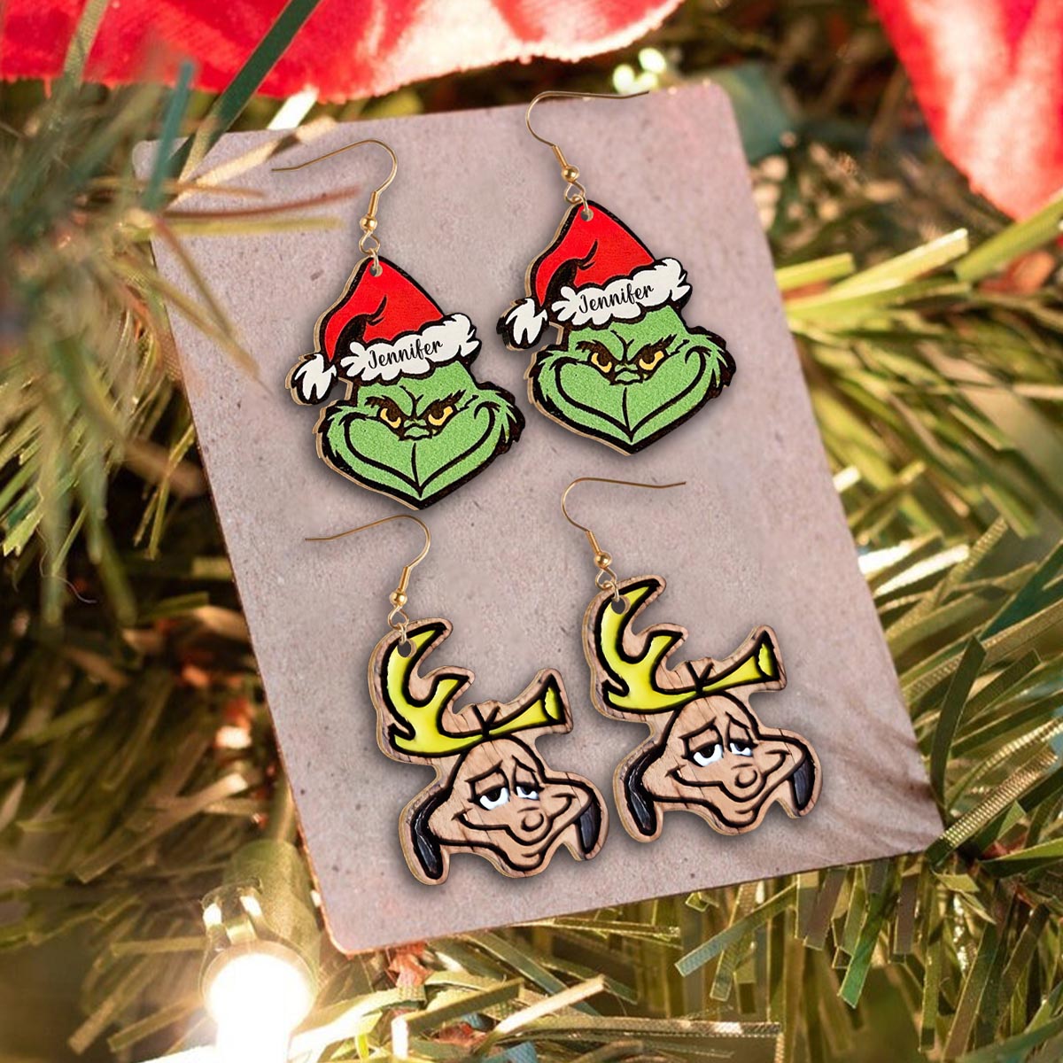 Personalized Wooden Christmas Earrings Custom Grinch Design Gift