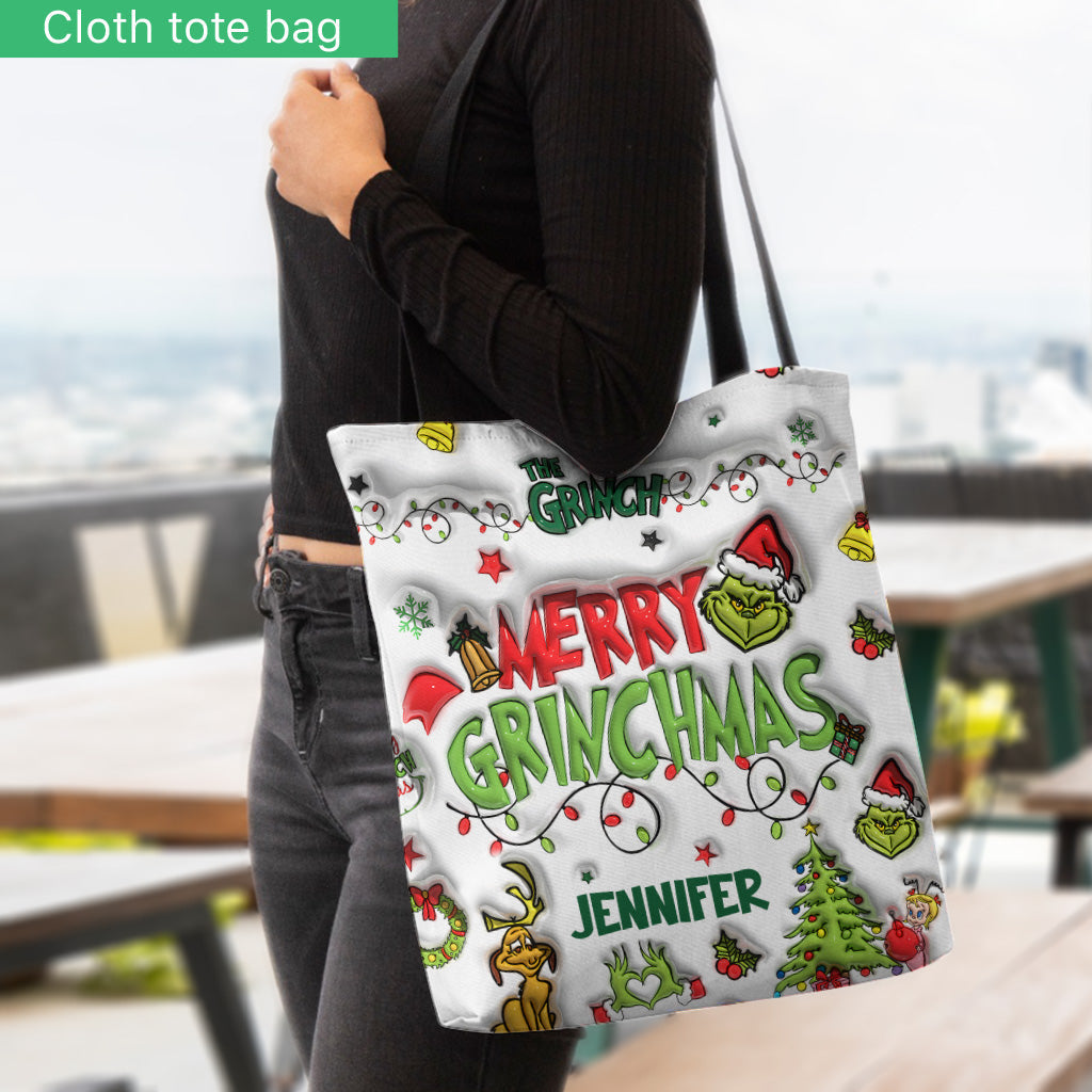 Personalized Grinch Christmas Tote Bag Custom Name Gift