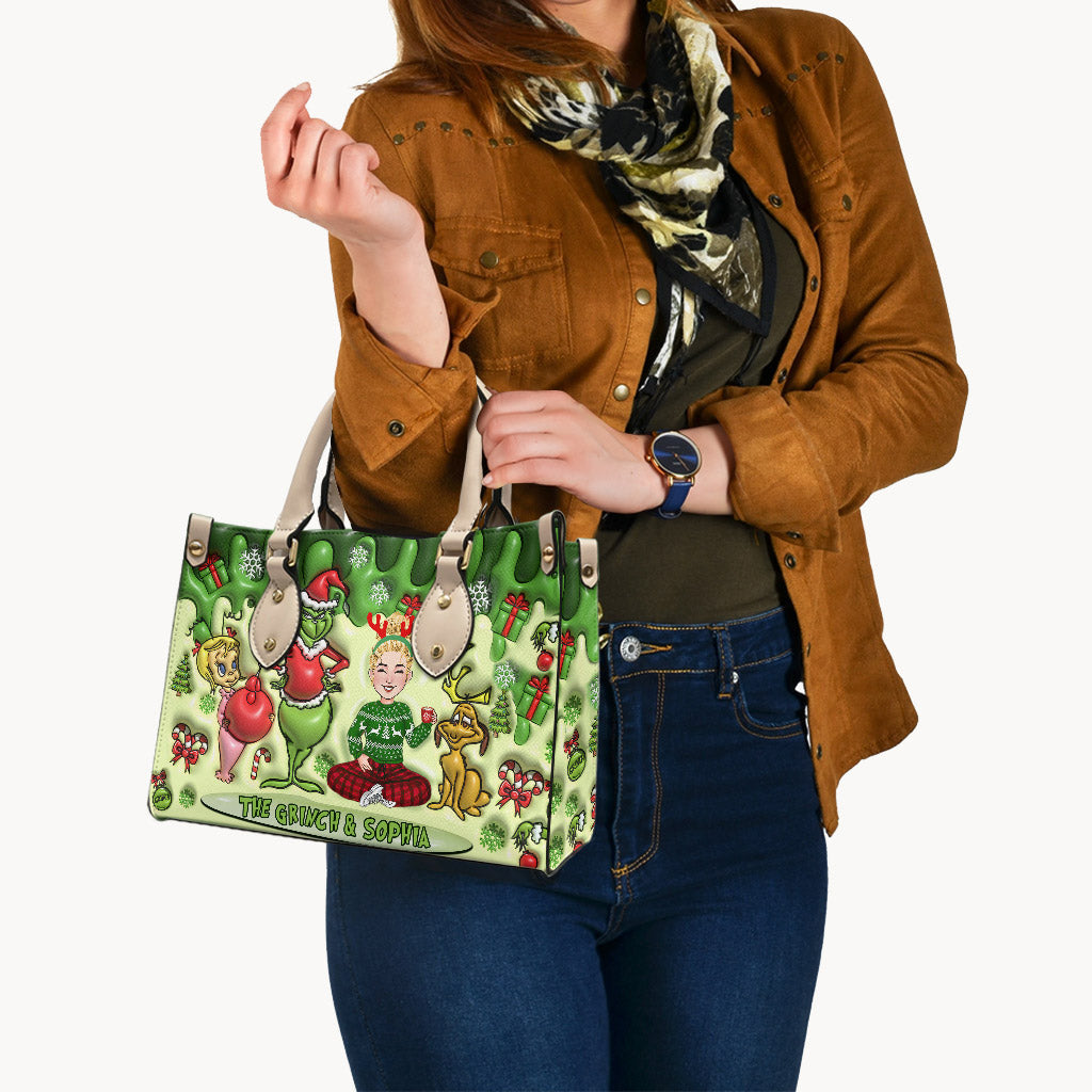 Personalized Grinch Theme Leather Handbag for Christmas Gift