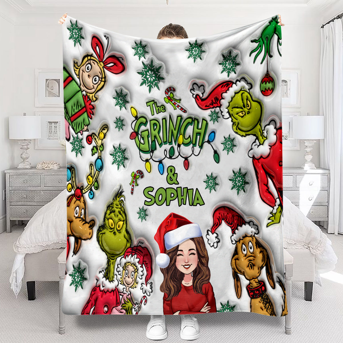 Personalized Grinch Christmas Blanket Custom Name Gift