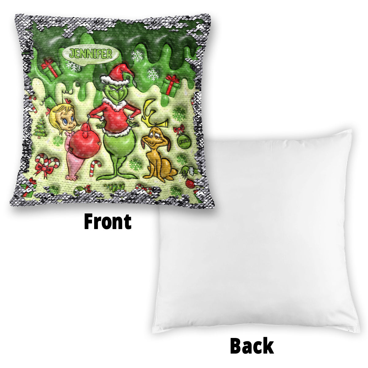Personalized Sequin Pillow Cover with Grinch Design for Christmas Gift