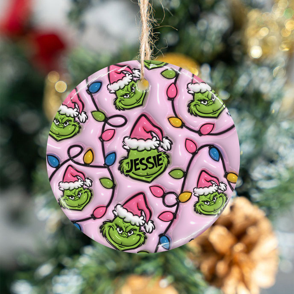Personalized Grinch Christmas Ceramic Circle Ornament for Kids