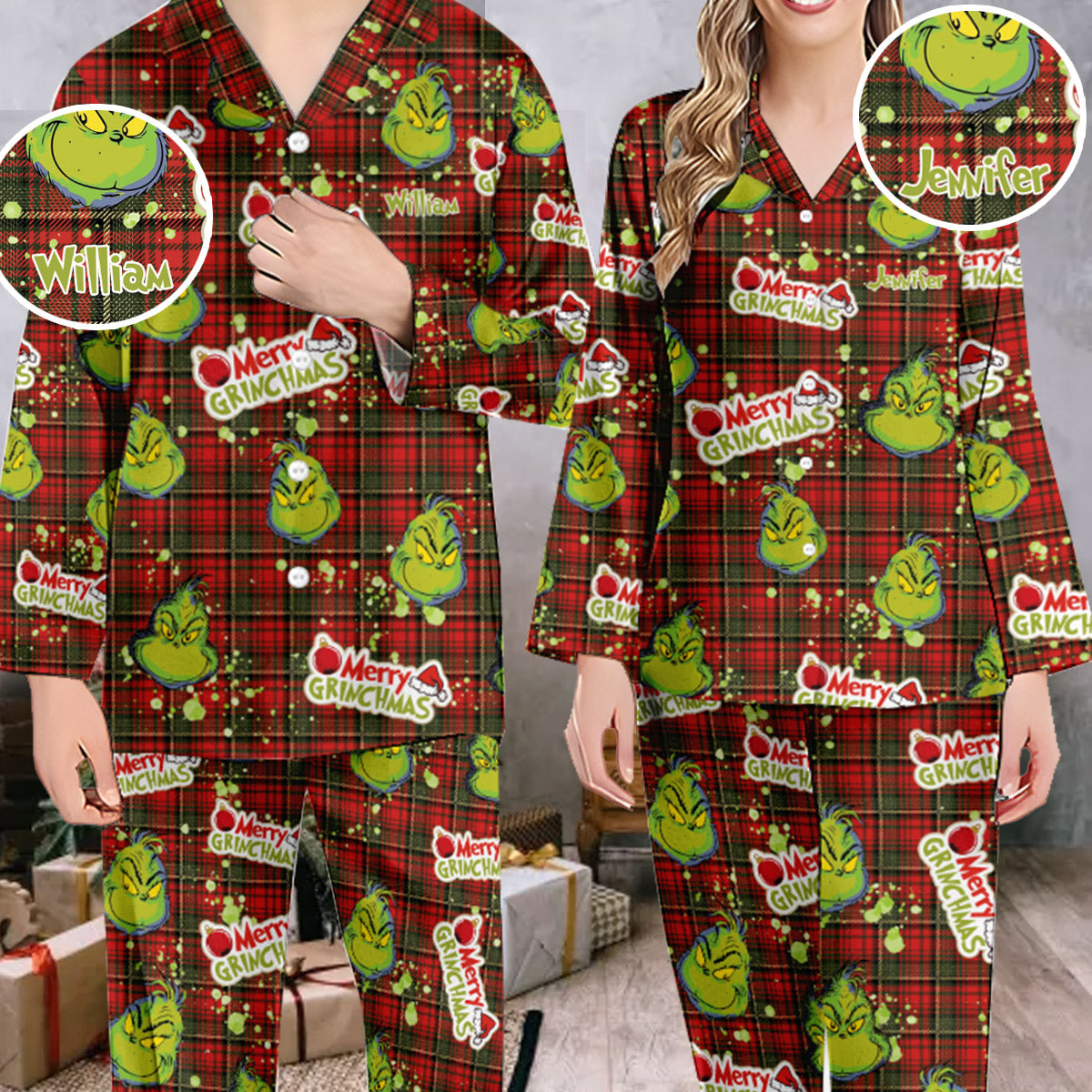 Personalized Merry Grinchmas Button Down Pajamas for Couples