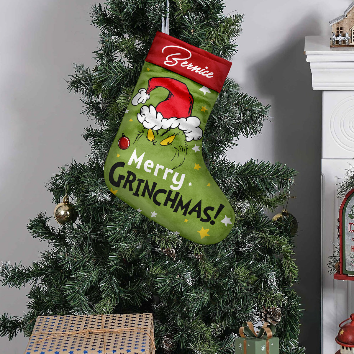 Personalized Grinch Christmas Stocking Custom Name Holiday Decor