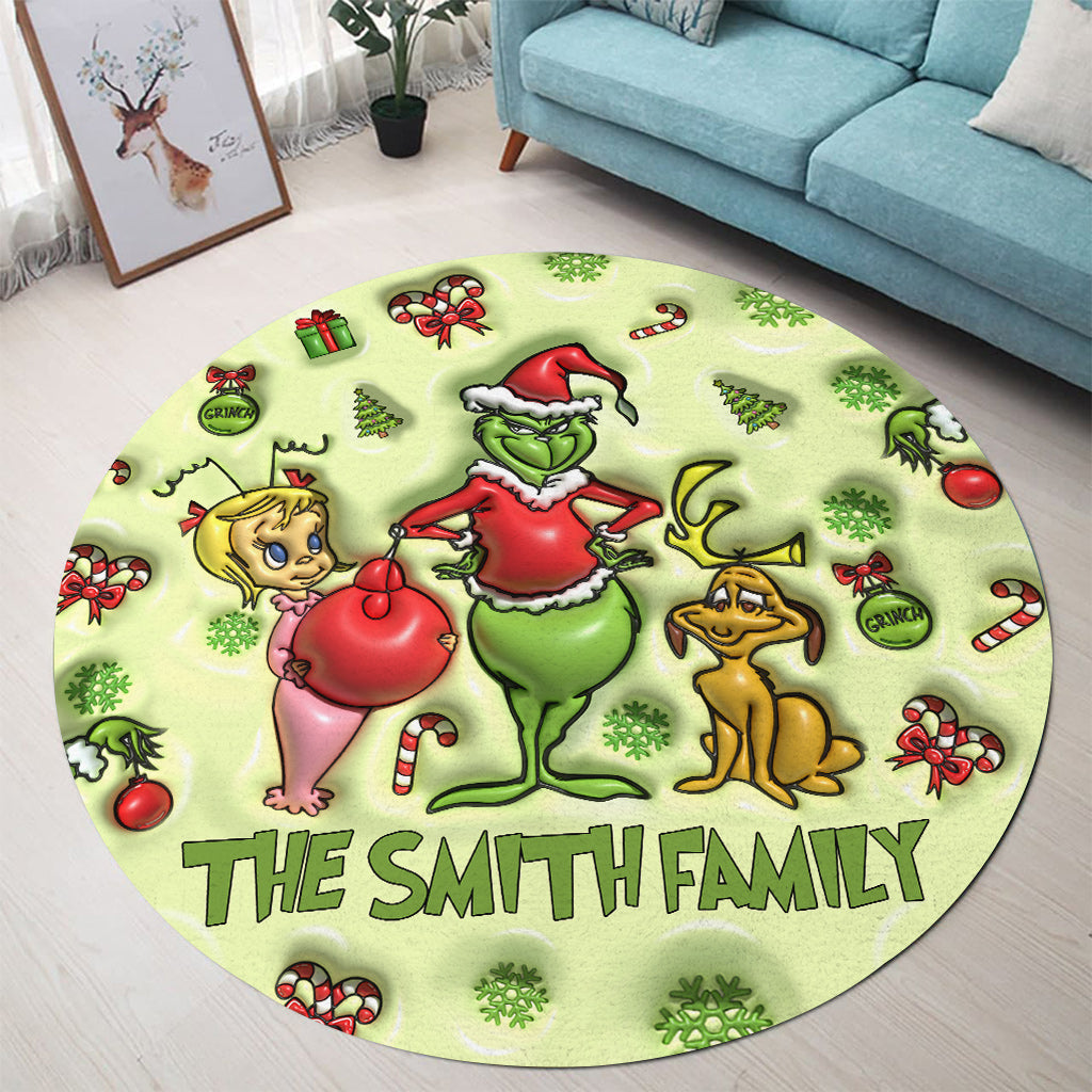 Personalized Grinch Christmas Round Rug Custom Family Name