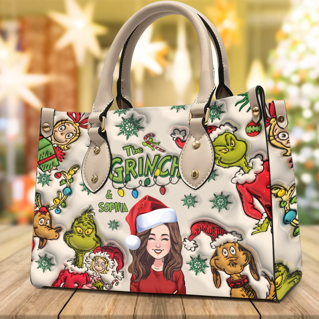 Customized Grinch Pattern Leather Handbag for Women - Unique Gift