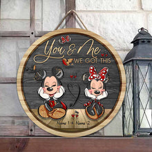 Load image into Gallery viewer, Personalized Round Wood Sign with Mickey &amp; Minnie Ears for Couples | Custom Name Home Decor
