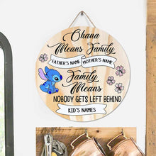 Load image into Gallery viewer, Personalized Round Wood Sign Ohana Means Family Decor Gift
