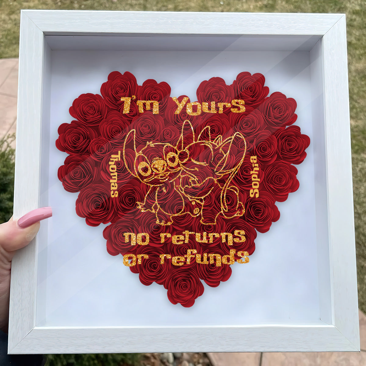 Personalized Heart-Shaped Flower Shadow Box Gift for Couples
