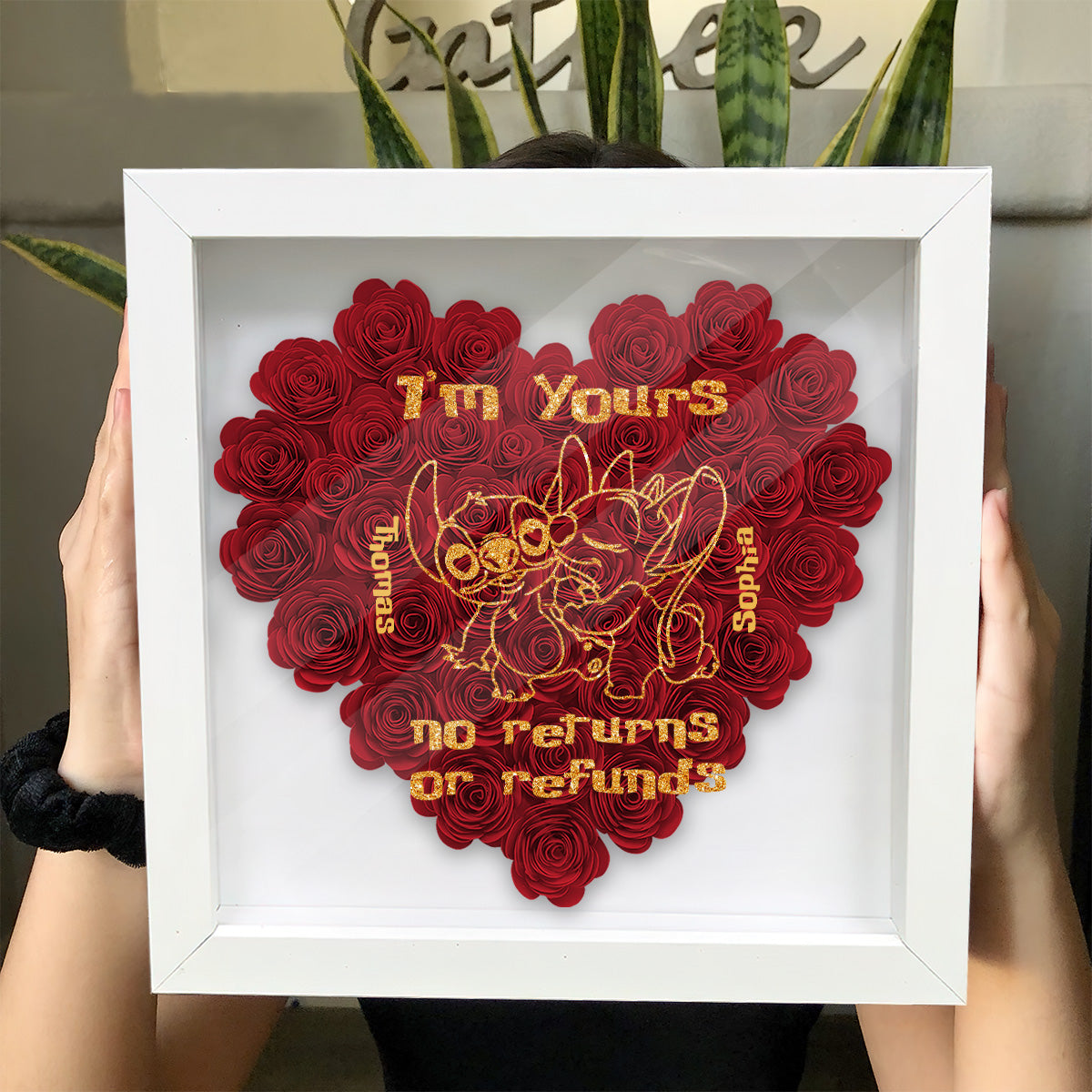Personalized Heart-Shaped Flower Shadow Box Gift for Couples