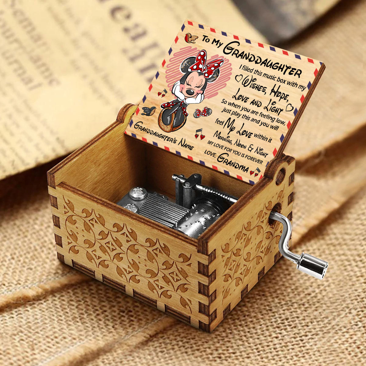 Personalized Hand Crank Music Box for Granddaughter - Mother's Day Gift