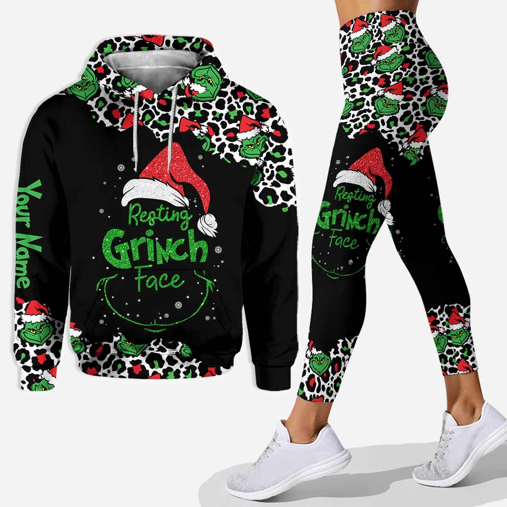 Personalized Grinch Face Hoodie and Leggings Set for Christmas